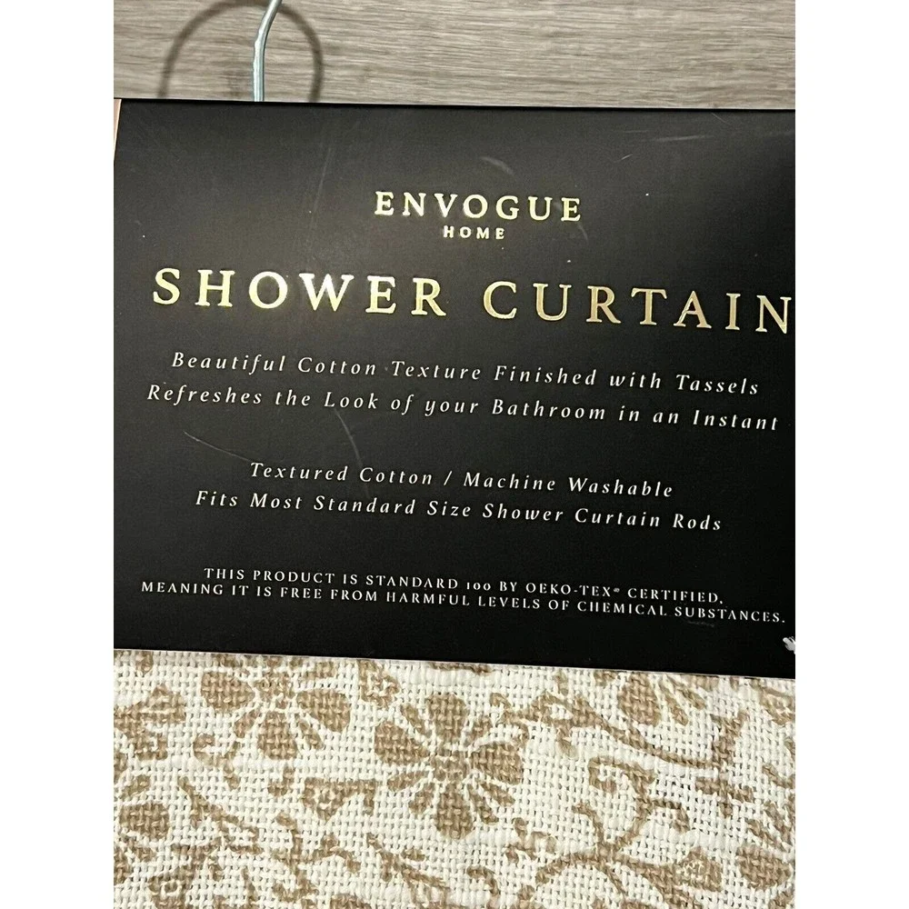 New Envogue Home Fabric Shower Curtain Textured Cotton Brown Floral Print Fringe